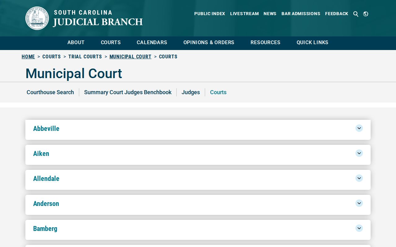 South Carolina Judicial Branch municipal court directory for Barnwell County court research