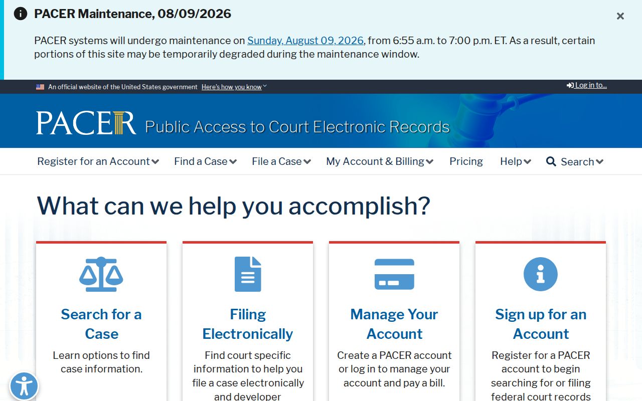 PACER federal court docket access page for Barnwell County federal case research