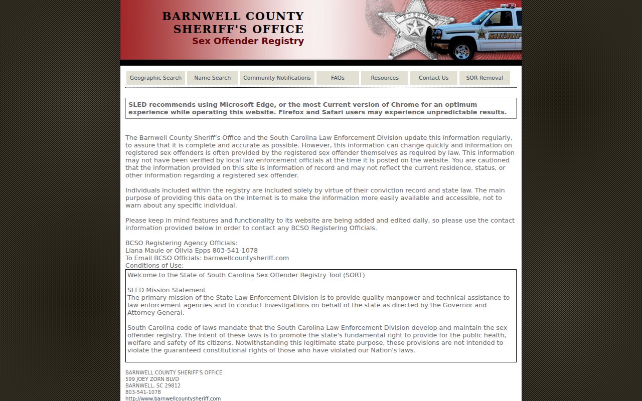 Barnwell County sex offender registry conditions page