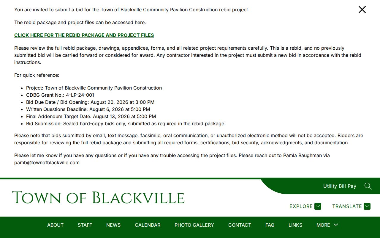Blackville criminal records source on the official town government website